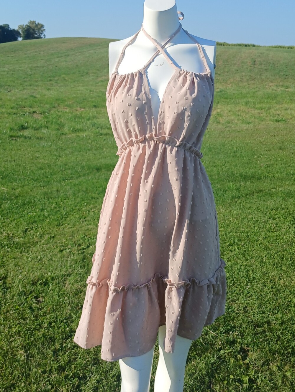 Beige Halter Summer Sun Dress womens size M medium Hippie Boho Bohemian Style